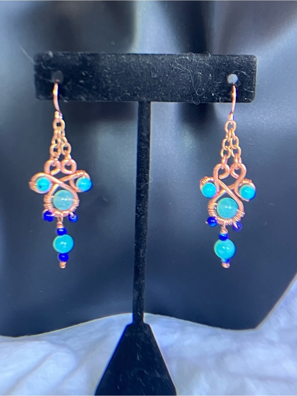 Amazonite Turquoise and Royal Blue Glass Dangle Copper Earrings - Handmade